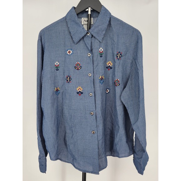 Nikki Tops - Nikki Vintage Gingham Embroidered Button Down Shirt Blue White Floral Size 16